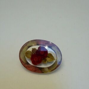 Floral Oval Brooch with Red and Green Accents